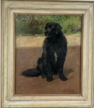 AN OIL ON CANVAS PAINTING DEPICTING A BLACK DOG, Signed bottom right 'RW' 60cm x 50cm Mounted in a