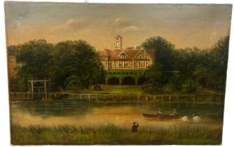 JAMES ISIAH LEWIS (1861-1934): AN OIL ON CANVAS PAINTING DEPICTING A THAMES BOAT HOUSE (LEANDER CLUB