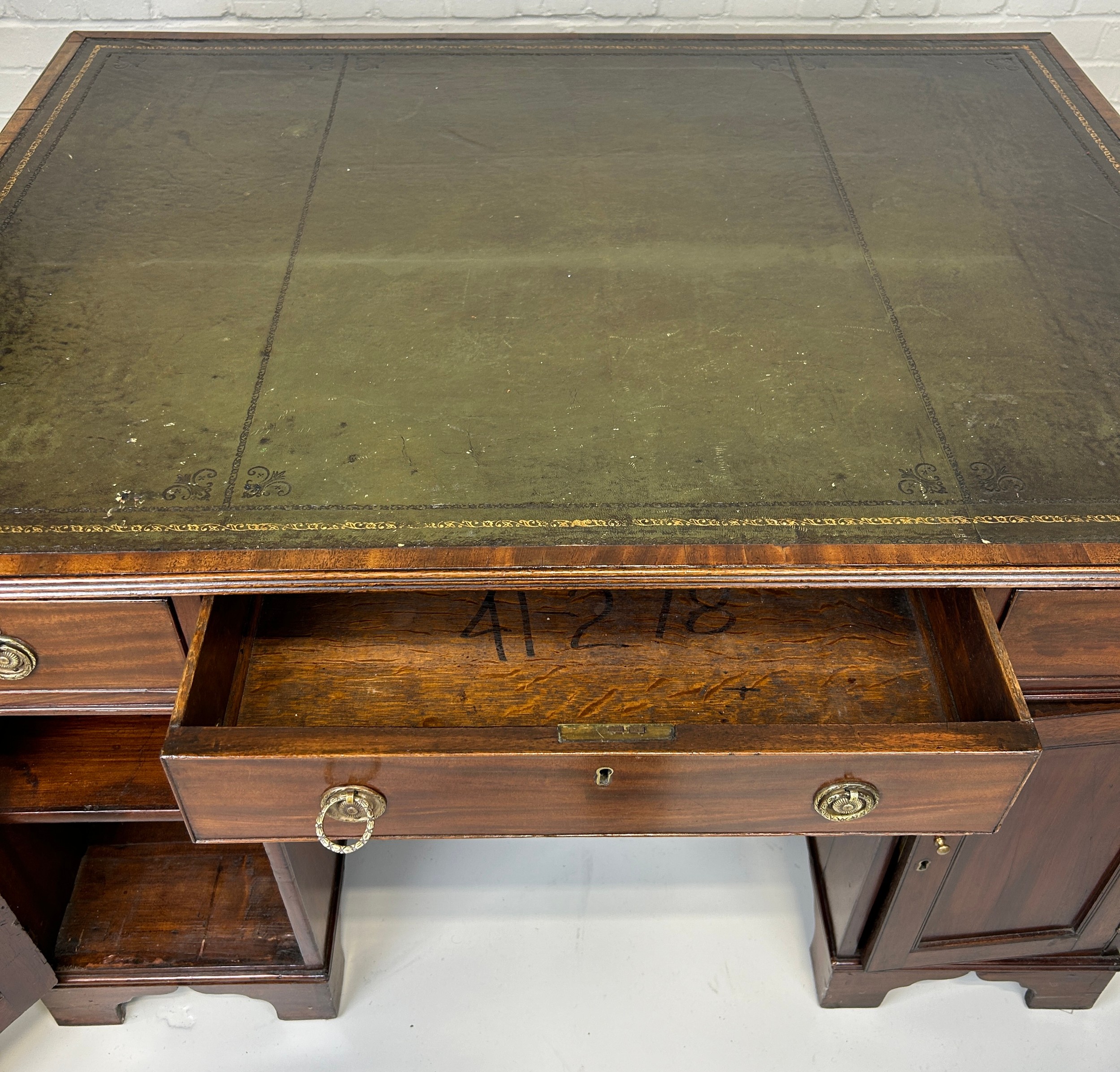 AN EARLY 19TH CENTRAL PARTNERS DESK, Two pedestals, each with ten drawers with brass handles. - Image 12 of 12