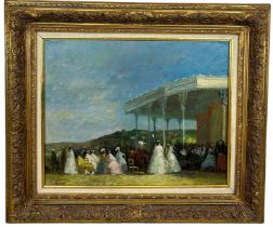 J LE SAUX: AN OIL ON CANVAS PAINTING 'THE BANDSTAND', Depicting a seated crowd of elegant ladies.