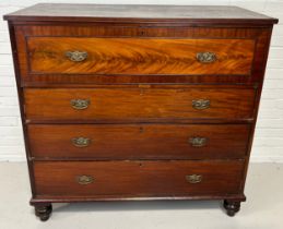 A LARGE 19TH CENTURY MAHOGANY CHEST OF DRAWERS, Raised on four turned feet. 117cm x 117cm x 50cm
