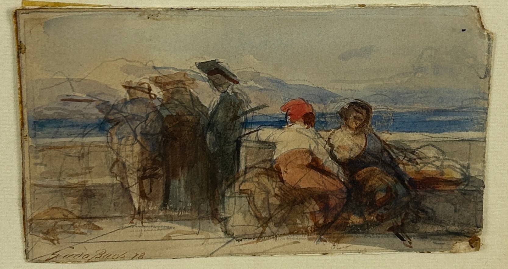 GUIDO BACH (GERMAN 1828-1905): A WATERCOLOUR ON PAPER PAINTING DEPICTING FIGURES OVERLOOKING THE