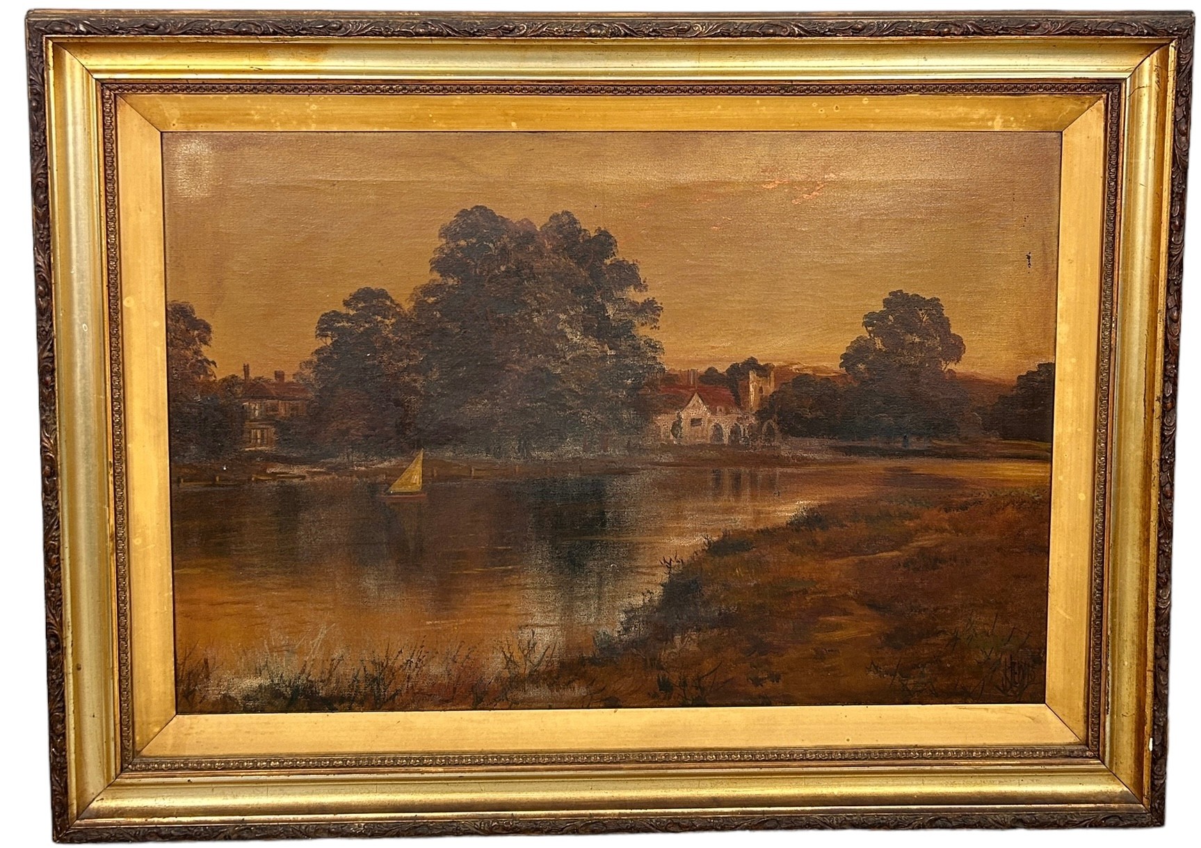JAMES ISIAH LEWIS (1861-1934): AN OIL ON CANVAS PAINTING DEPICTING A RIVER SCENE WITH CHURCH, 76.5cm