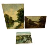 A PAIR OF OIL ON CANVAS PAINTINGS DEPICING RIVER VIEWS ALONG WITH AN OIL ON GLASS RIVER SCENE BY