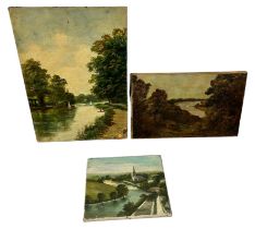 A PAIR OF OIL ON CANVAS PAINTINGS DEPICING RIVER VIEWS ALONG WITH AN OIL ON GLASS RIVER SCENE BY