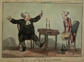 AFTER GEORGE MOUTARD WOODWARD (BRITISH 1760-1809): 'A HIT AT BACKGAMMON', Hand coloured print,