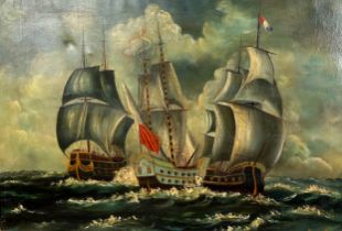 AN OIL ON CANVAS PAINTING OF WARSHIPS, Signed indistinctly. 90cm x 62cm Mounted in a giltwood frame.