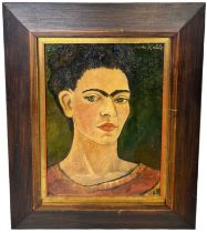 AFTER FRIDA KAHLO (MEXICAN 1907-1954): AN OIL ON CANVAS PAINTING 'SELF PORTRAIT' 29cm x 21cm Mounted