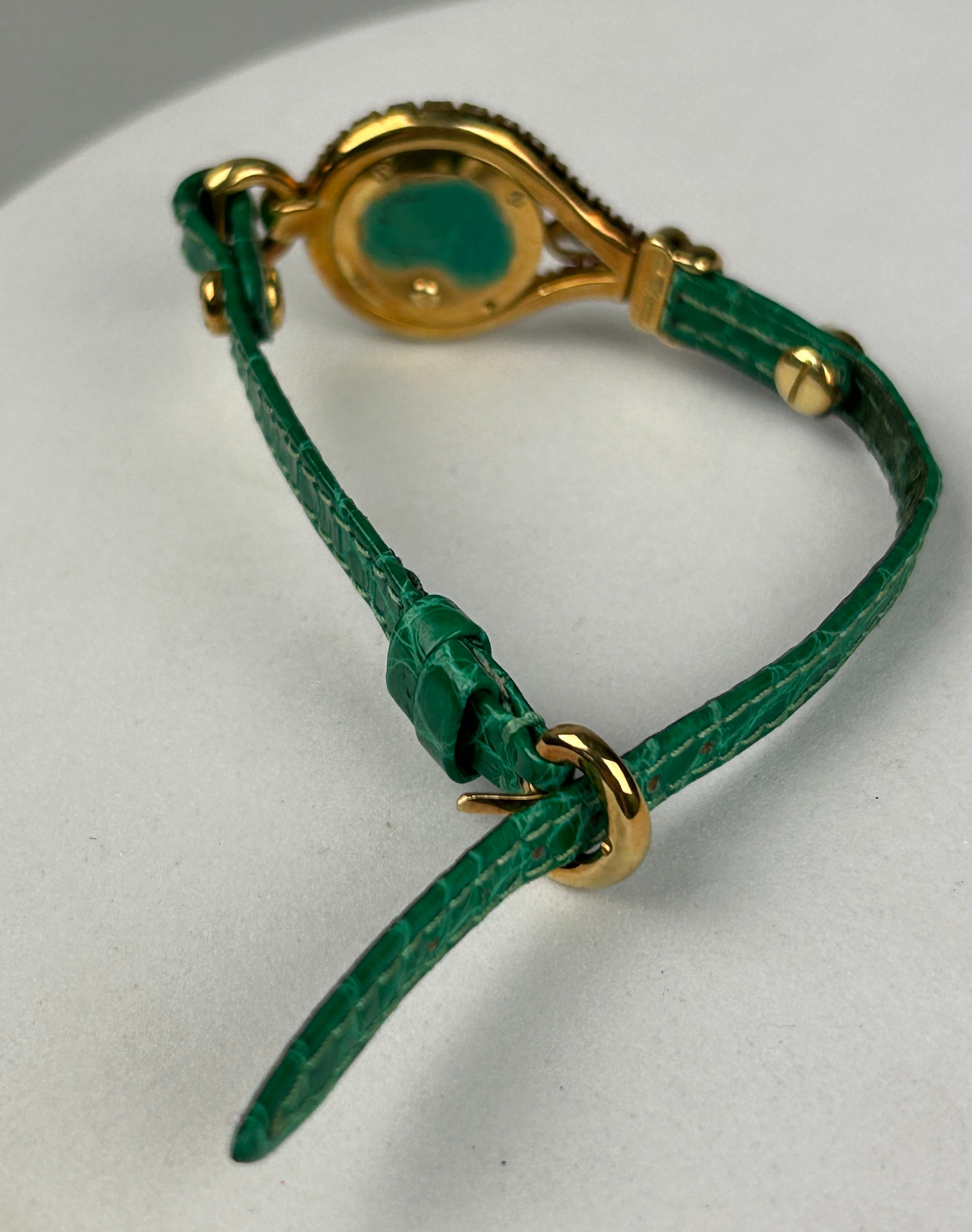 A DIAMOND ETOILE WATCH APPROXIMATELY THREE CARATS IN 14CT GOLD WITH GREEN LEATHER STRAP, - Image 4 of 5