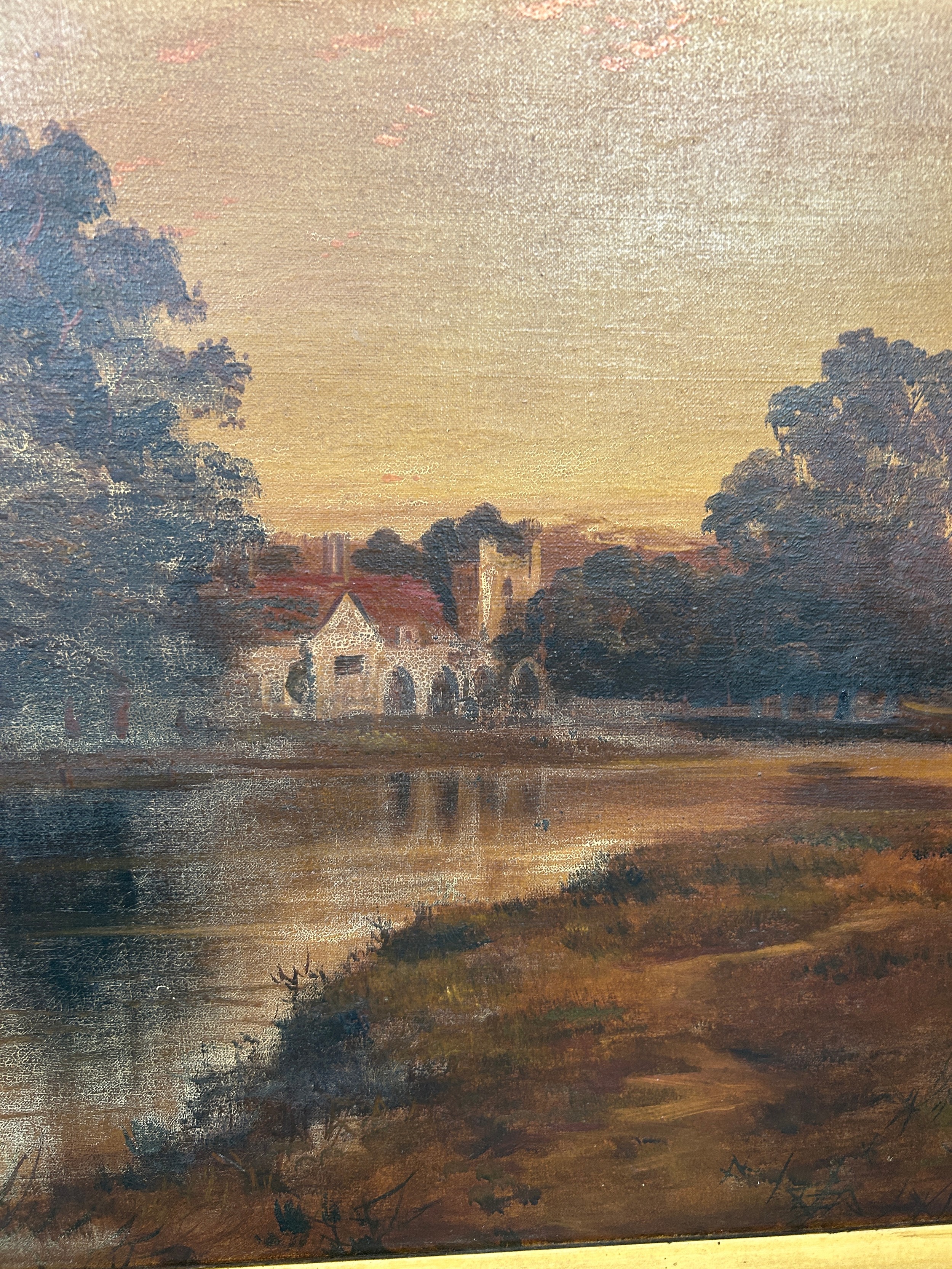 JAMES ISIAH LEWIS (1861-1934): AN OIL ON CANVAS PAINTING DEPICTING A RIVER SCENE WITH CHURCH, 76.5cm - Image 3 of 4