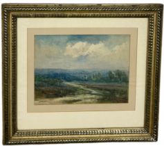 A WATERCOLOUR ON PAPER PAINTING OF A LANDSCAPE, Mounted in a frame and glazed. 32.5cm x 24.5cm