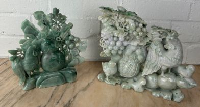 TWO CHINESE JADE GROUPS OF BIRDS AND FOLIAGE, Largest 25cm x 22cm