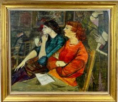A MID 20TH CENTURY OIL ON BOARD PAINTING 'LADIES AT THE THEATRE', Signed indistinctly 'J.Rope' and