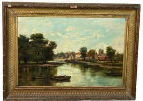 JAMES ISIAH LEWIS (1861-1934): AN OIL ON CANVAS PAINTING DEPICTING A RIVER SCENE, ISLEWORTH, 76cm