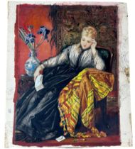 A WATERCOLOUR ON PAPER PAINTING OF A LADY SITTING IN A CHAIR BESIDES A CHINESE VASE, HAVING JUST