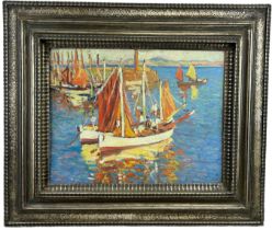 20TH CENTURY SCHOOL: AN OIL ON BOARD IMPASTO PAINTING OF SAILBOATS IN THE HARBOUR. In the manner