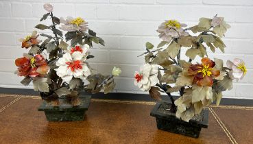 A PAIR OF CHINESE HARD STONE PLANTERS WITH FLOWERS (2) 44cm H x 37cm L x 25cm W