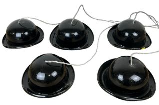 A SET OF FIVE BLACK GLASS 'BOWLER HAT' CEILING LIGHTS, Largest 29cm x 26cm