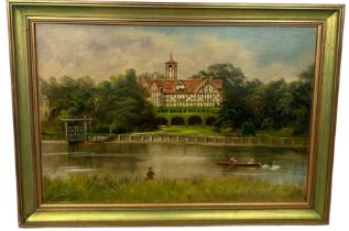 JAMES ISIAH LEWIS (1861-1934): AN OIL ON BOARD PAINTING DEPICTING THAMES BOATHOUSE (LEANDER CLUB