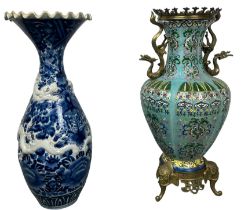 A TURQUOISE CLOISONNE VASE AND A BLUE AND WHITE VASE WITH DRAGONS (2) Largest 55cm H