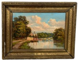 JAMES ISIAH LEWIS (1861-1934): AN OIL ON BOARD PAINTING OF RICHMOND BRIDGE, 35.5cm x 25.5cm