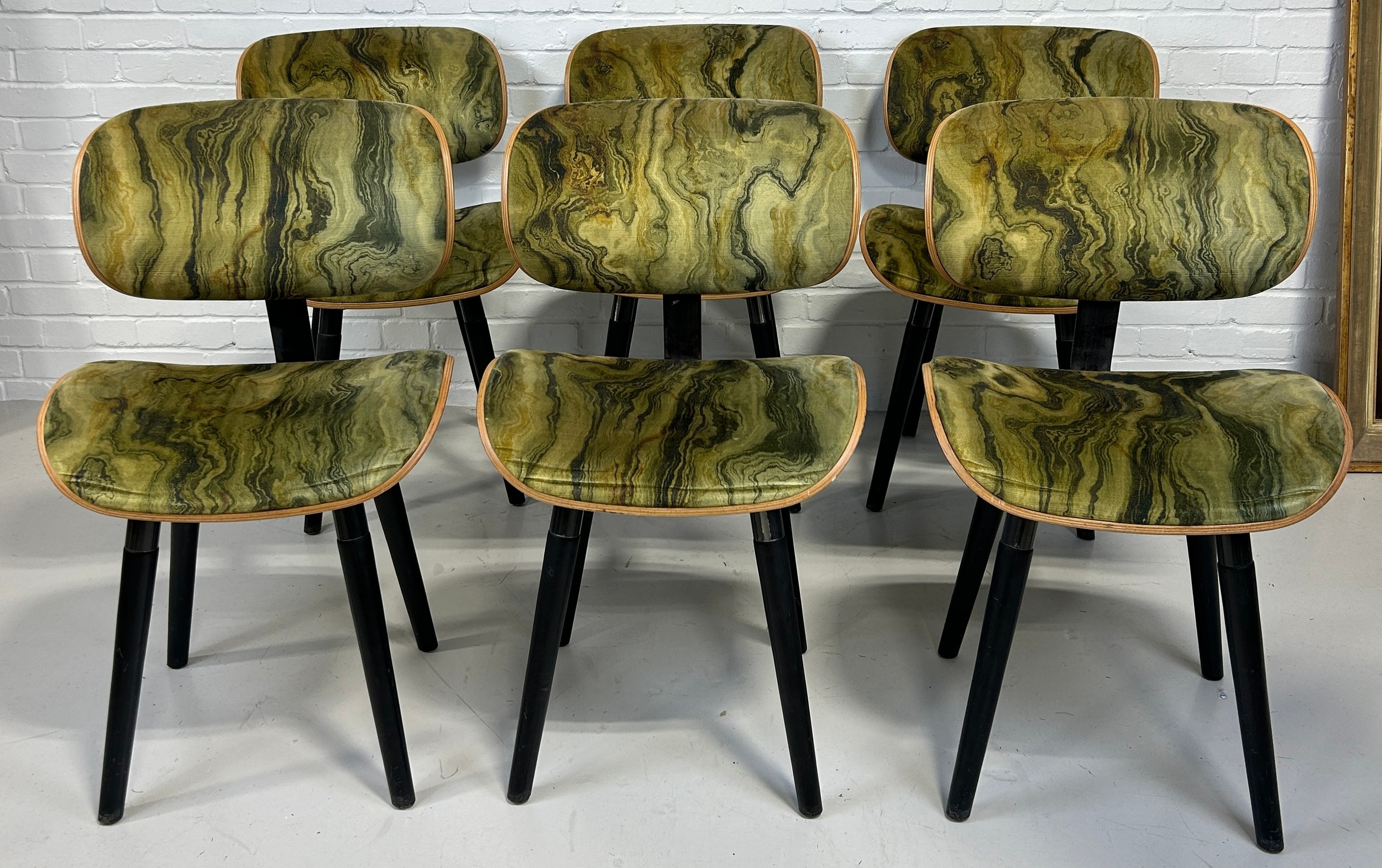 A SET OF SIX ITALIAN MID CENTURY DESIGN DINING CHAIRS UPHOLSTERED IN GREEN 'MARBLE EFFECT' FABRIC, - Image 2 of 5