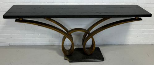 A LARGE HOLLYWOOD REGENCY DESIGN BRONZE CONSOLE TABLE WITH BLACK MARBLE TOP, 190cm x 75cm x 45cm (