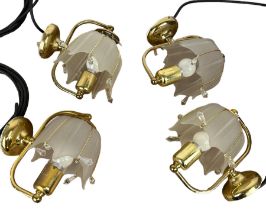 A SET OF FOUR ART DECO STYLE BRASS WALL LIGHTS WITH OPAQUE GLAS SHADES, 20cm x 20cm each.