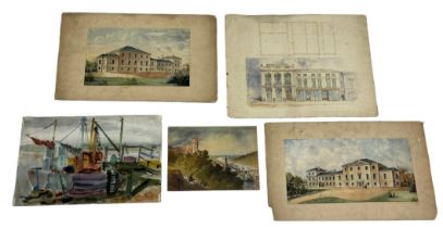 A COLLECTION OF FIVE WATERCOLOUR PAINTINGS ON PAPER, To include three architectural plans (pencil