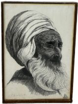AN INDIAN DRAWING ON PAPER DEPICTING A MAN WEARING A TURBAN, Signed indistinctly. 63cm x 41cm