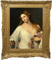 AFTER TITIAN (TIZIANO VECELLIO) 'FLORA' OIL ON CANVAS PAINTING MOUNTED IN A GILT WOOD FRAME, 78.