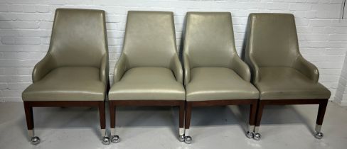 A SET OF FOUR POKER CHAIRS UPHOLSTERED IN LEATHER FABRIC RAISED ON CHROME CASTORS (4), 95cm x 58cm x