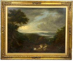 L.GOUGH: ENGLISH SCHOOL EARLY 19TH CENTURY OIL ON CANVAS LANDSCAPE PAINTING, 113cm x 90cm Mounted in