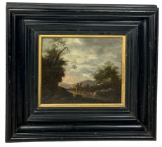 IN THE MANNER OF JACOB VAN RUISDAEL (1628-1682) AN OIL ON PANEL PAINTING DEPICTING TWO MEN RETURNING