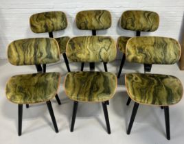 A SET OF SIX ITALIAN MID CENTURY DESIGN DINING CHAIRS UPHOLSTERED IN GREEN 'MARBLE EFFECT' FABRIC,