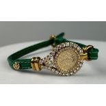 A DIAMOND ETOILE WATCH APPROXIMATELY THREE CARATS IN 14CT GOLD WITH GREEN LEATHER STRAP,