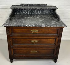 A LARGE MARBLE TOP WASH STAND WITH THREE DRAWERS, 95cm x 95cm x 52cm