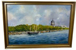GERALD EDWIN TUCKER: AN OIL ON CANVAS PAINTING OF A BOAT ON A RIVER WITH A CATHEDRAL IN THE