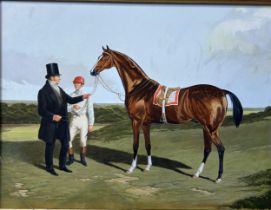 A WATERCOLOUR ON PAPER PAINTING DEPICTING A HORSE, OWNER AND JOCKEY, 40cm x 30cm Mounted in a