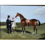 A WATERCOLOUR ON PAPER PAINTING DEPICTING A HORSE, OWNER AND JOCKEY, 40cm x 30cm Mounted in a
