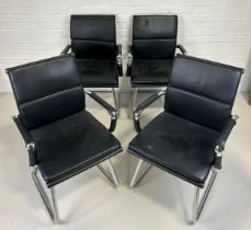 A SET OF FOUR CHROME AND BLACK LEATHER DESK CHAIRS, 90cm x 55cm x 50cm each.