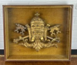 A GILTWOOD PAPAL FRAGMENT: KEYS OF HEAVEN, Possibly Italian. Mounted in a glazed wooden case