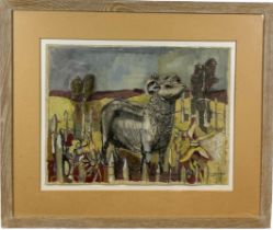 A CHARCOAL AND OIL PAINTING ON PAPER DEPICTING A RAM, Signed indistinctly 'Donald Neil Davis',