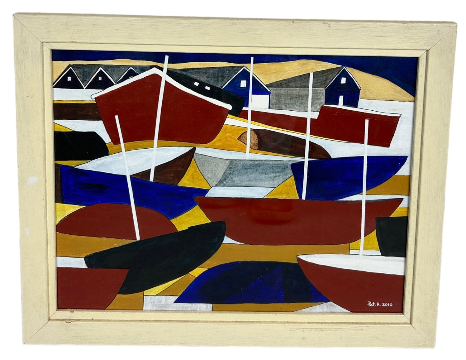 PAT HARRIS (BRITISH): ABSTRACT OIL ON CANVAS PAINTING OF BOATS, Signed and dated 2010. 39cm x 30cm
