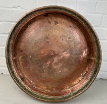 A LARGE PERSIAN COPPER BASIN OR BOWL WITH SAFAVID TYPE ENGRAVINGS, 47Ccm x 9cm