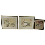 THREE CHINESE WATERCOLOURS OR PRINTS ON PAPER, Mounted in frames and glazed. Largest frame 57cm x