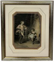 A 19TH CENTURY SCOTTISH / IRISH WATERCOLOUR PAINTING ON PAPER DEPICTING FIGURES DANCING, 21.5cm x