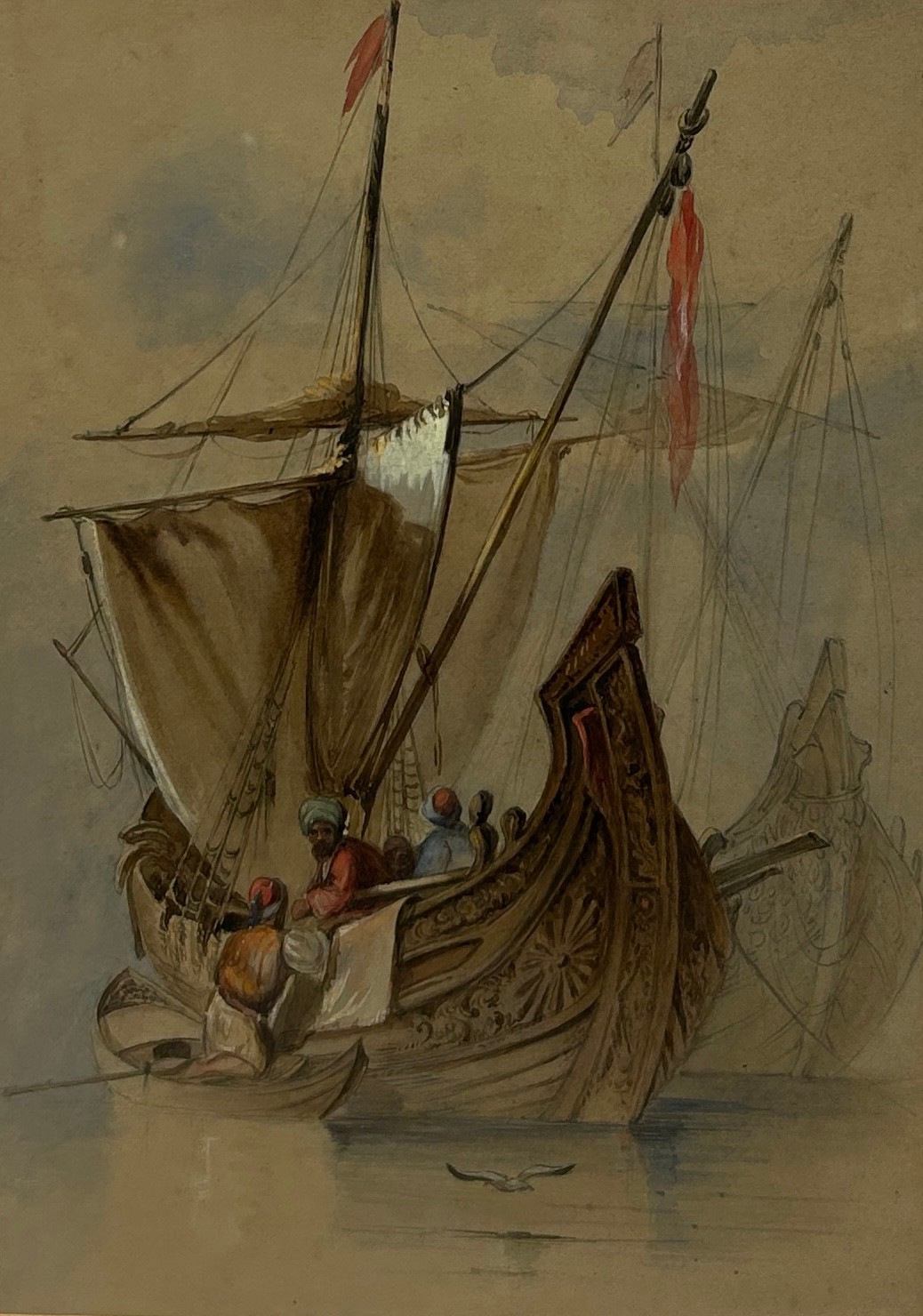 A 19TH OR 20TH CENTURY OTTOMAN / ARABIAN WATERCOLOUR PAINTING ON PAPER DEPICTING 'SAILORS BY THE - Image 2 of 2