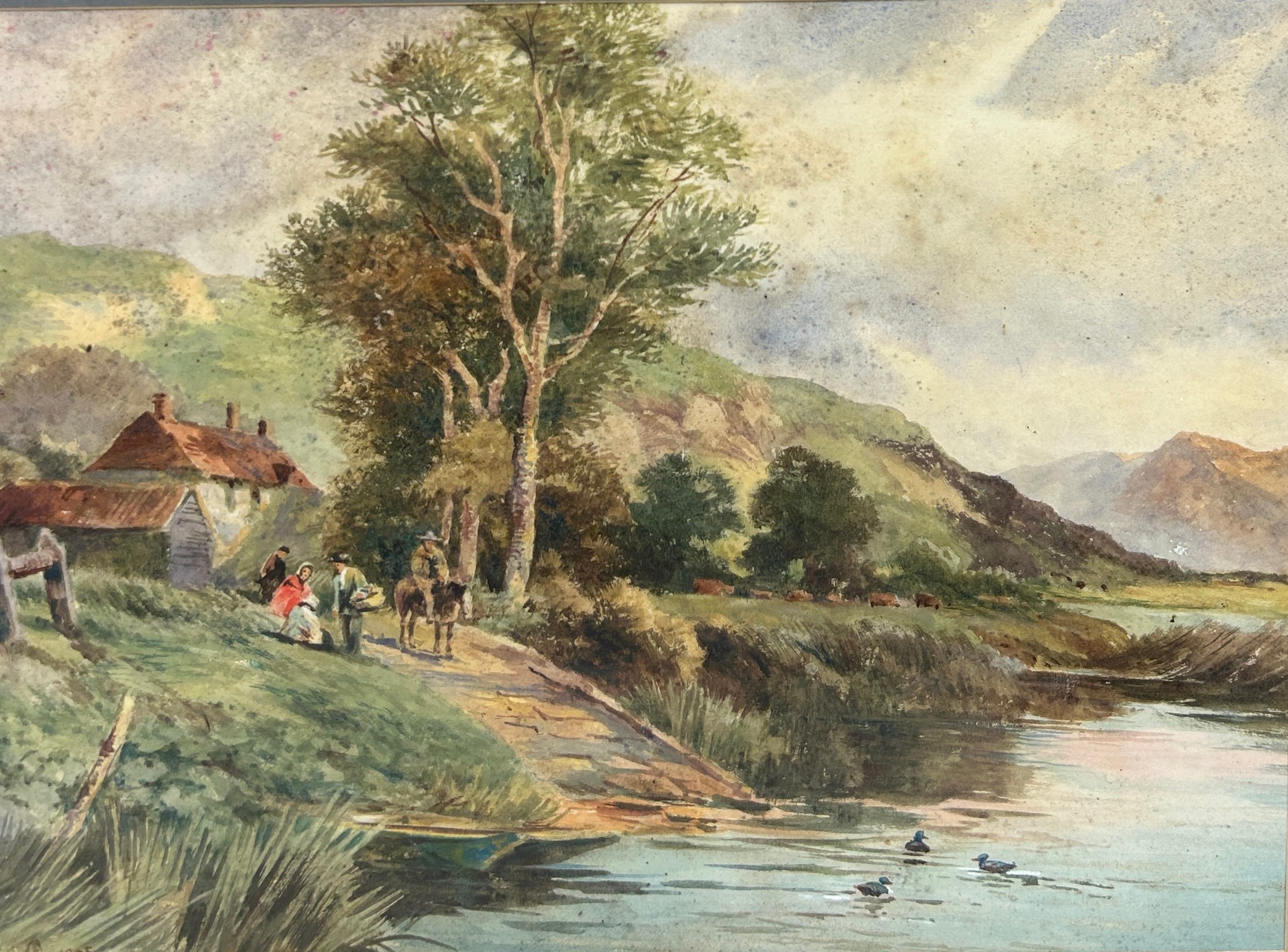 A WATERCOLOUR PAINTING ON PAPER DEPICTING A COUNTRYSIDE SCENE WITH FIGURES BY A LAKE, 40cm x 29cm - Image 2 of 4
