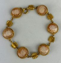 A 9CT GOLD LADIES BRACELET SET WITH SHELL CARVED CAMEOS, Weight: 10gms